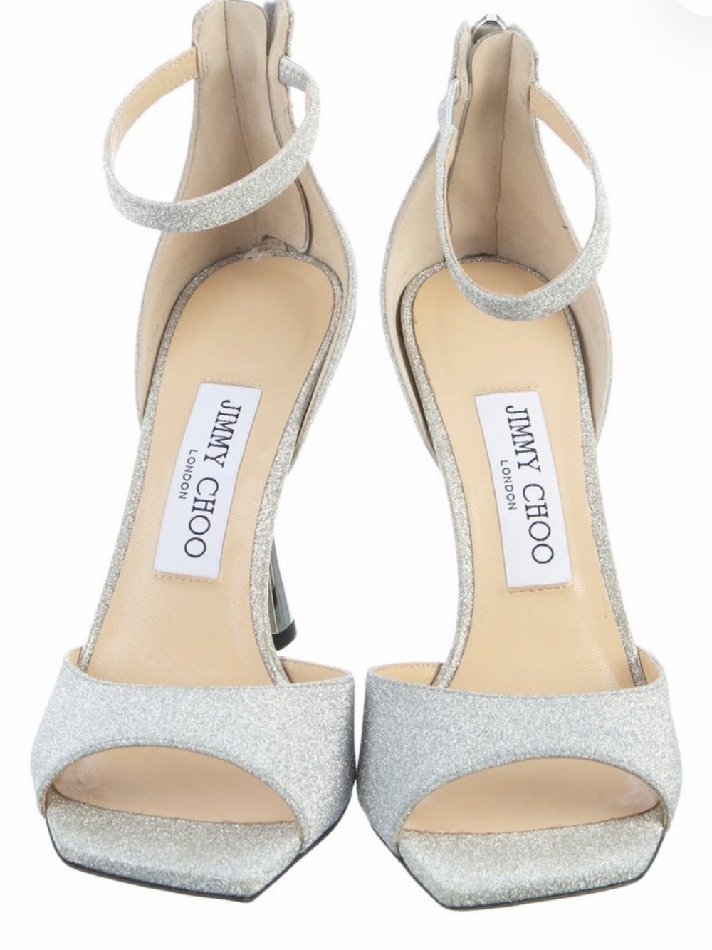 Jimmy Choo Silver Glitter Open-Toe Ankle-Strap Heels